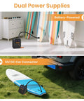 Portable Rechargeable Electric SUP Pump For Stand Up Paddleboards On The Go With Dual-Stage Inflation shown indoors and outdoors