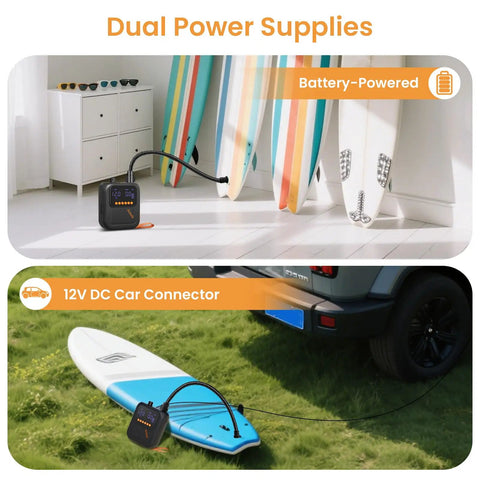 Portable Rechargeable Electric SUP Pump For Stand Up Paddleboards On The Go With Dual-Stage Inflation shown indoors and outdoors