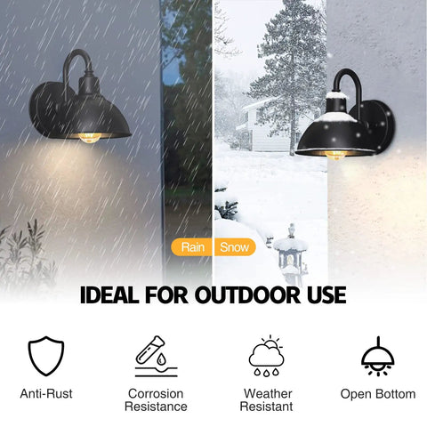 Built Tough Black Metal Barn Light With Sturdy Gooseneck Arm, Rain Or Shine Farmhouse Outdoor Porch Lantern, 6 Inch Heavy Duty Rustic Pendant Fixture For Patio And Curb Appeal Boost in rain and snow.