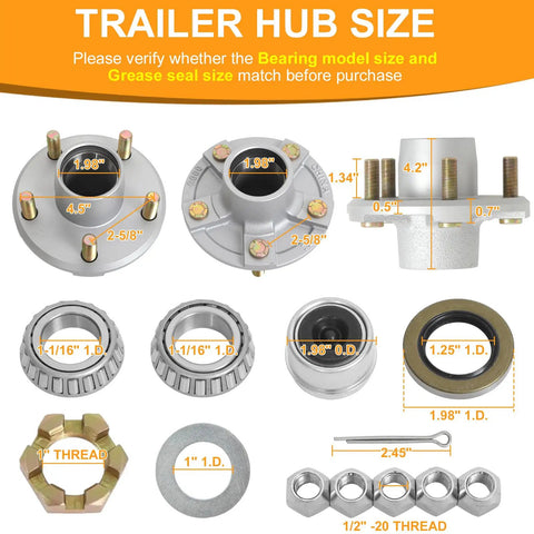 Components of Heavy Duty 2000 Lb Galvanized Trailer Idler Hub Kit For Five Bolt Four And A Half Inch Bolt Circle