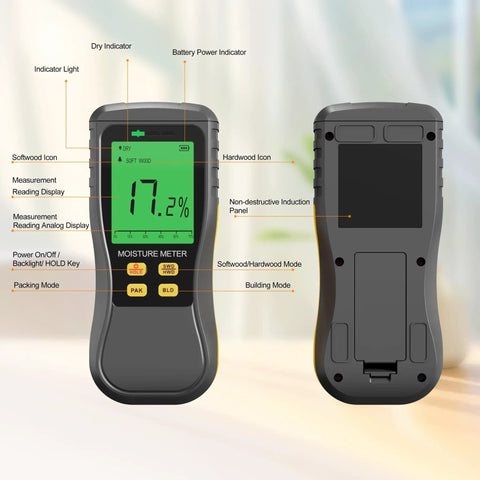 Pinless Digital Wood Moisture Meter Real Deal Non Destructive Induction Moisture Detector For Drywall Lumber And Building Materials Easy Read Backlit LCD With Audible Alert Three Color Indicator front and back view