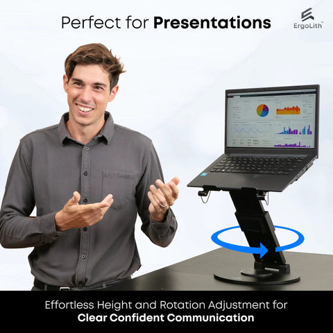 Man presenting using 3-In-1 Adjustable Laptop Stand, Book Stand, And Phone Holder With 360 Degree Rotating Display, Height Adjustable.