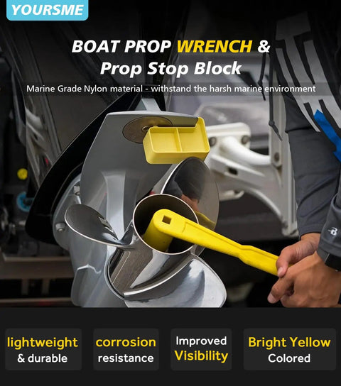 Close-up of Pro Grade 1-1/16 Inch Boat Prop Wrench and Prop Stop Block Kit in use on a boat propeller, showing yellow rustproof tools.