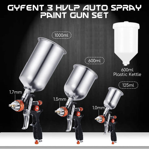Dang Good HVLP Spray Gun Set Delivering Smooth As Butter Coverage, featuring three aluminum spray guns with adjustable nozzles.