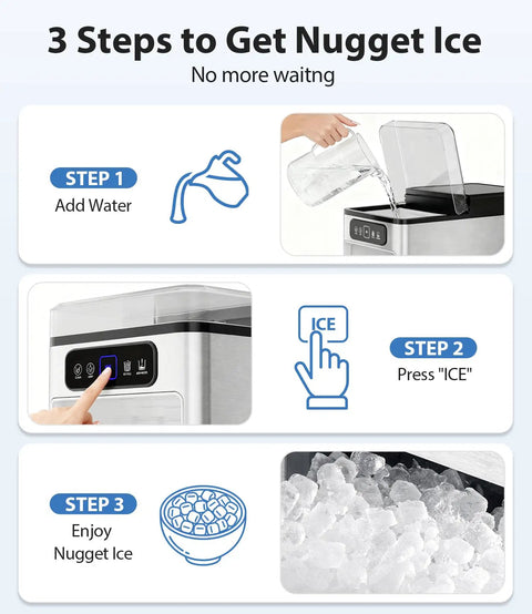 Dope Nugget Ice Maker 40 Lbs Per Day Countertop Ice Machine automatic operation steps with icons and images of ice