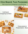 Bamboo Cutting Board Set With Deep Juice Grooves And Built In Handles showcased with various foods on three sizes for prep and presentation.
