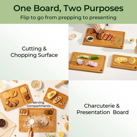Bamboo Cutting Board Set With Deep Juice Grooves And Built In Handles showcased with various foods on three sizes for prep and presentation.