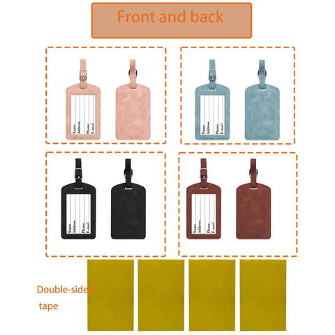 Four Pack No Fuss Needlepoint Luggage Tags Featuring Slick Faux Leather Shell And Crystal Clear ID Window, showing front and back designs.