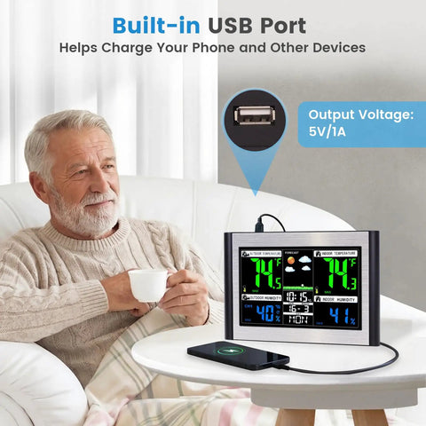 Wireless Indoor Outdoor Weather Station With Color Display Digital Temperature And Humidity Monitor Alarm Clock USB Port