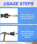 Instructions for using Stainless Steel Screw Anchor Expander For Caulking Anchors, steps for secure fastening in masonry surfaces.