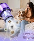 4 Pack V11 Vacuum Filters Replacement for Cordless Vacuum Cleaner with woman and dog on couch, powerful filtration concept.