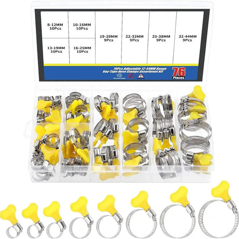 Heavy Duty 76 Piece Adjustable Hose Clamp Kit With Stainless Steel Worm Gear Clamps And Plastic Handle For Car, Truck, And Home Duct Repair Jobs You Can Count On. 76pc assortment case, 8-44mm