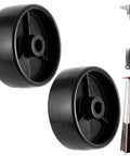 Two Pack Patio Heater Wheels Replacement Parts For Most Round Stand Up And Pyramid Propane Heaters Heavy Duty PP Wheels 58mm Diameter Durable Outdoor Replacement Kit with two black wheels and heaters in background.