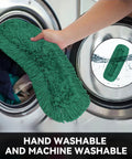 Top Shelf 48 Inch Green Dust Mop Heads 3 Pack Heavy Duty Washable Microfiber Floor Sweepers For Cafes And Stores, Sweep Up Dust Without Breaking A Sweat being placed in a washing machine.