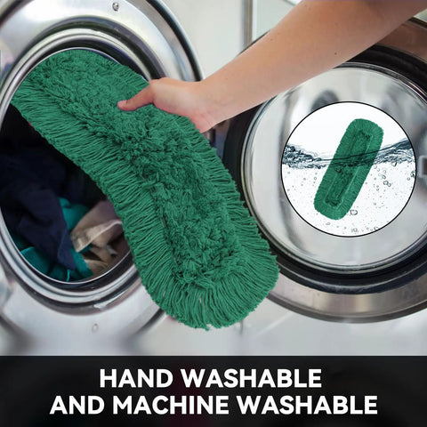 Top Shelf 48 Inch Green Dust Mop Heads 3 Pack Heavy Duty Washable Microfiber Floor Sweepers For Cafes And Stores, Sweep Up Dust Without Breaking A Sweat being placed in a washing machine.