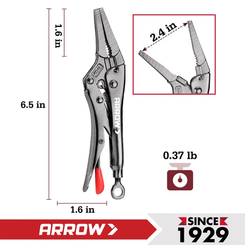 6.5 Inch Needle Nose Locking Pliers With CR-MO Jaw, Long Narrow Nose, Adjustable Clamping Pressure, Through-Hole Screw, Trigger Release, Ideal For Tight Spaces