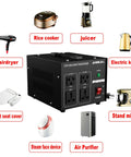 Beefy 2000W Voltage Transformer Converter supporting various appliances for global use, displays power outputs and switches.
