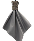 Amazon SPUDZ microfiber screen cleaner 10x10 with camouflage pouch, carabiner, gray cloth front view