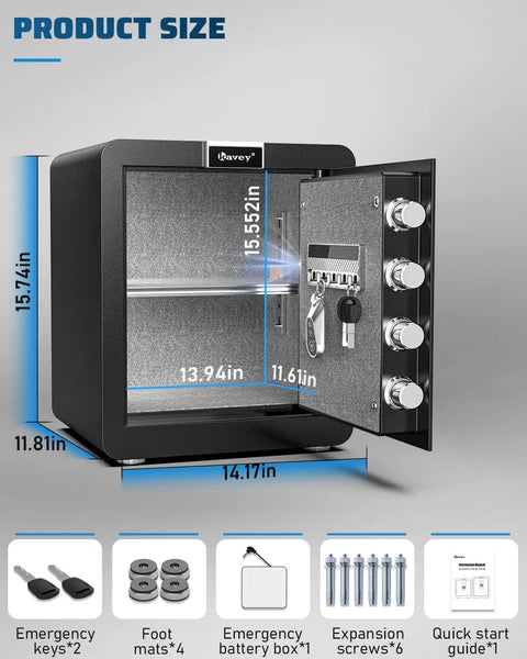 1.8 Cu Ft Fireproof Home Safe Box With LCD Touch Screen, interior light, open door showing shelves and security features