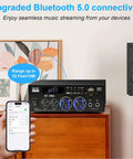 Two Channel 450W Bluetooth 5 Point 0 Home Audio Amplifier Receiver displayed on a cabinet with a smartphone showing connectivity.