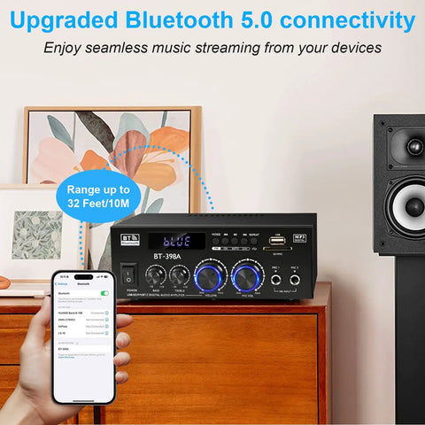 Two Channel 450W Bluetooth 5 Point 0 Home Audio Amplifier Receiver displayed on a cabinet with a smartphone showing connectivity.
