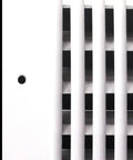 Close-up of 20 Inch By 6 Inch 2 Way Vertical Air Supply Grille Vent Cover Diffuser With Flat Stamped Face White Finish Heavy Duty Steel Build