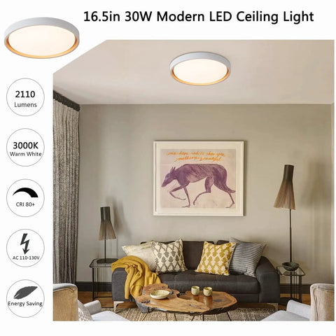 LED Flush Mount Ceiling Light 3000K Warm White, 2110 Lumens, in a modern living room setting