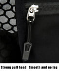 Close-up of zipper detail on Hydration Pack Running Vest With Built In Water Reservoir Lightweight Bottle Holder Backpack For Men And Women Go To Gear For Running Hiking Climbing Camping Travel And Everyday Workout.