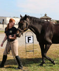 A person leading a horse past a dressage marker in an equestrian arena.