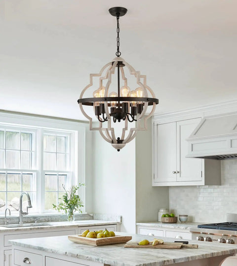 Farmhouse Rustic Chandelier With ORB Finish And Oak Tone, 6 Light Vintage Antique Pendant Light Fixture in kitchen setting