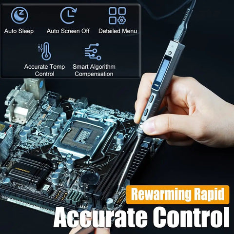 Hand using Ts101 Portable Soldering Iron With PD And DC Dual Power on a circuit board, showcasing temperature control features.