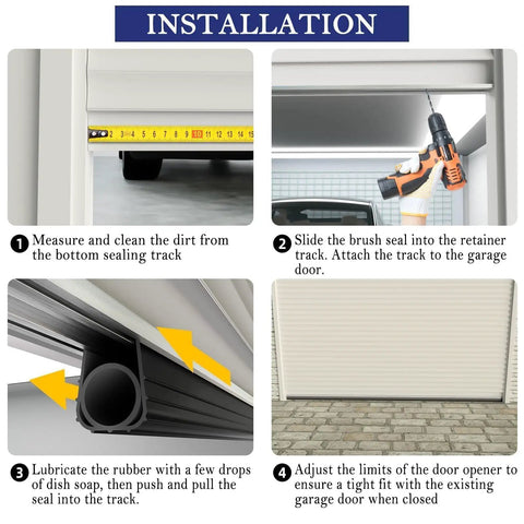 Installation steps for Heavy Duty Garage Door Seal Kit With Rubber Bottom Seal Rodent Proof Steel Wool Aluminum Track Retainer Base With Brush Seal Universal Weather Stripping 16.5ft Easy Install Zaps Drafts And Bugs.