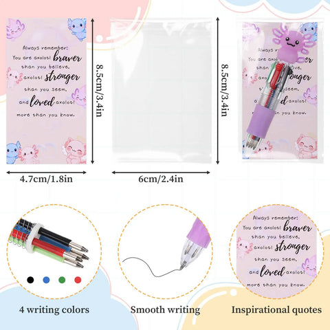 24 Color Beadable Ballpoint Pens Set With 4 In 1 Ink Switch, axolotl-themed, dimensions and features displayed