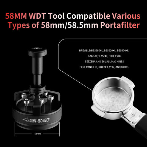 58mm WDT Tool For Espresso Distribution With Magnetic Base For Baristas, Adjustable Depth Needle Distributor next to portafilter