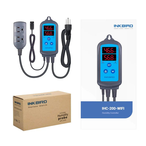 WiFi Temperature Controller ITC-308 with IHC-200 Humidity Controller, digital display and Inkbird packaging
