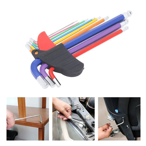 Top Tier Hex Wrench Set Anti Slip Multi Color Long Arm Key Kit Perfect For Small Appliances And Home Repairs With Color Coded Design For Quick Size Selection And Easy Grip Handle To Make Tightening Jobs A Total Breeze Every Single Time., color-coded alloy steel hex key set in holder for home repairs