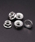 50 Pack M5 Serrated Flange Hex Locknuts Crafted From Top Shelf 304 Stainless Steel With Slick Bright Finish and Built Tough Corrosion Resistance For Real World Jobs, showing multiple nuts in close-up.