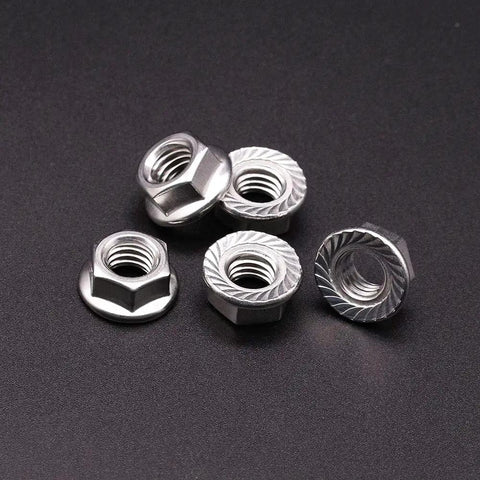 50 Pack M5 Serrated Flange Hex Locknuts Crafted From Top Shelf 304 Stainless Steel With Slick Bright Finish and Built Tough Corrosion Resistance For Real World Jobs, showing multiple nuts in close-up.