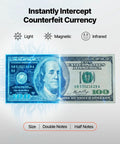 Close-up of a $100 bill with UV, infrared, and magnetic markings for counterfeit detection VEVOR High Speed Money Counter Machine For Dollars And Euros 1200 Bills Per Min Mixed Denomination Cash Register Detector With UV Mg Ir Dbl Hlf Chinese Currency Screening Tft Display Secure Banking Tool