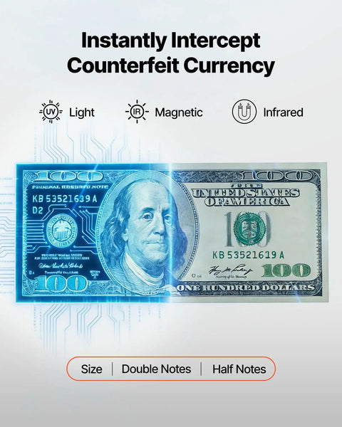 Close-up of a $100 bill with UV, infrared, and magnetic markings for counterfeit detection VEVOR High Speed Money Counter Machine For Dollars And Euros 1200 Bills Per Min Mixed Denomination Cash Register Detector With UV Mg Ir Dbl Hlf Chinese Currency Screening Tft Display Secure Banking Tool
