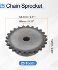 25 Tooth Roller Chain Sprocket For ISO 04C, 8mm Bore, 53.5mm OD, C45 Carbon Steel, Heat Treated Teeth For Superior Wear Life
