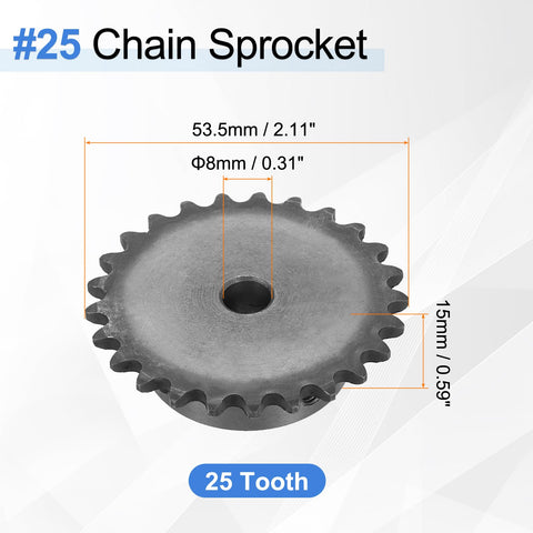 25 Tooth Roller Chain Sprocket For ISO 04C, 8mm Bore, 53.5mm OD, C45 Carbon Steel, Heat Treated Teeth For Superior Wear Life