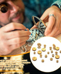 Close-up of Brass Clock Hand Nut Set 24 Piece Assortment For Grandfather, Wall, And Mantel Clocks used in clock repair