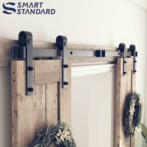 Close-up of installed Six Foot Double Barn Door Hardware Kit For Home Use Sliding Door Track That Glides Smooth And Quiet DIY