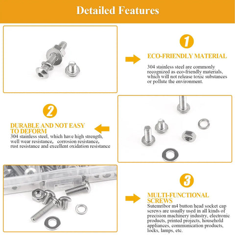 Top Shelf M4 Screw Nut Washer Assortment Kit Stuffed With 385 Pieces Of Fully Threaded 304 Stainless Steel Fasteners in detail features display.