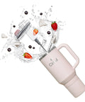Iconic 40 Oz Cherry Blossom Stainless Steel Tumbler With Cushioned Carry Handle, Double Wall Insulated Travel Cup featuring splash and fruit.