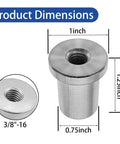 Four Pack Heavy Duty Steel Chassis Weld On Nuts featuring 3/8 Inch 16 Threads dimensions displayed, showing 1 inch outer, 0.75 bore, 1.25 height.