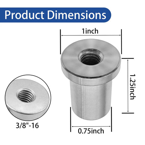 Four Pack Heavy Duty Steel Chassis Weld On Nuts featuring 3/8 Inch 16 Threads dimensions displayed, showing 1 inch outer, 0.75 bore, 1.25 height.