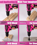 Pink Drill Set For Women 137 Piece Home Tool Kit With 12V Cordless Drill showing wood, screw, metal, and sleeve applications.