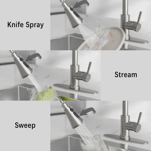 Built Tough Brushed Nickel Kitchen Faucet With Pull Down Sprayer And Three Spray Modes, showcasing Knife Spray, Stream, and Sweep modes.